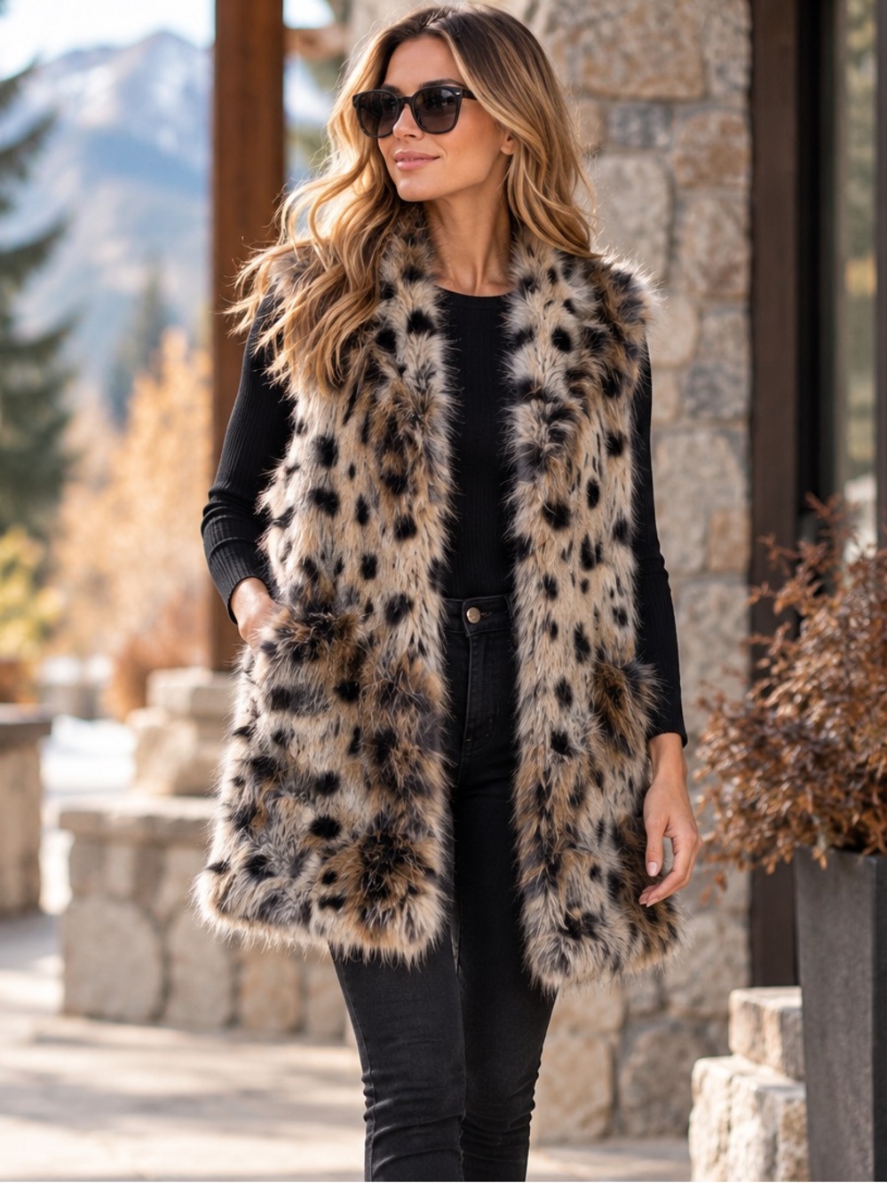 Leopard Faux-Fur Vest - Womenโs Tan/Black Spot Vest